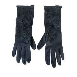 Vintage Beaded Black Stretch Nylon Formal gloves Made In Hong Kong Small-XSmall